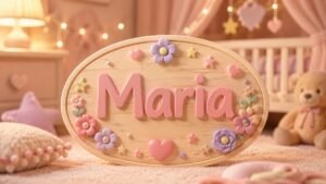 Plaquinha de madeira com o nome Maria e florzinhas