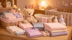 Itens de enxoval de bebê em tons pastel organizados sobre uma cômoda