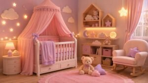 Quarto de bebê de menina em tons de rosa e lilás