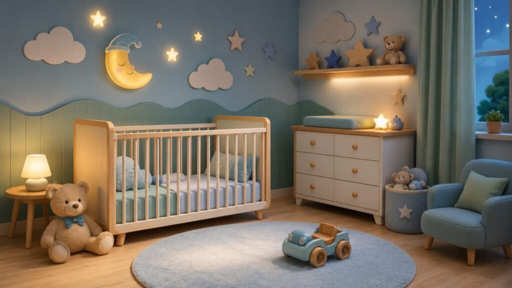 Quarto de bebê de menino em tons de azul e verde