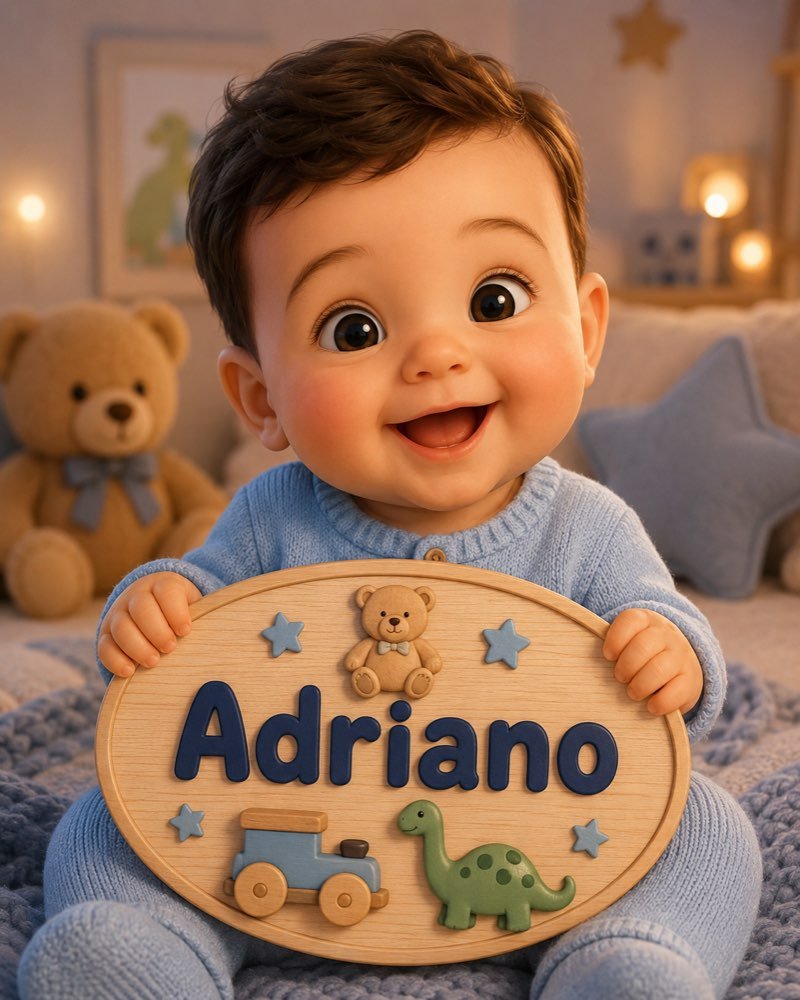 Ilustração de bebê segurando plaquinha com o nome Adriano