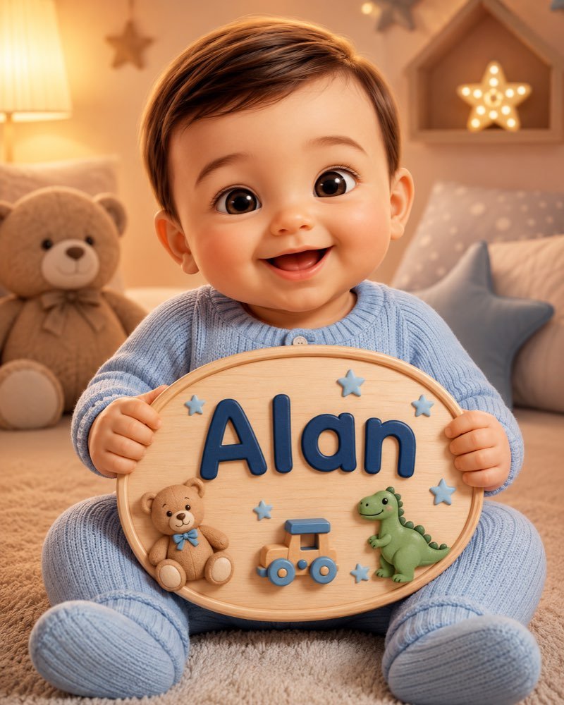 Ilustração de bebê segurando plaquinha com o nome Alan