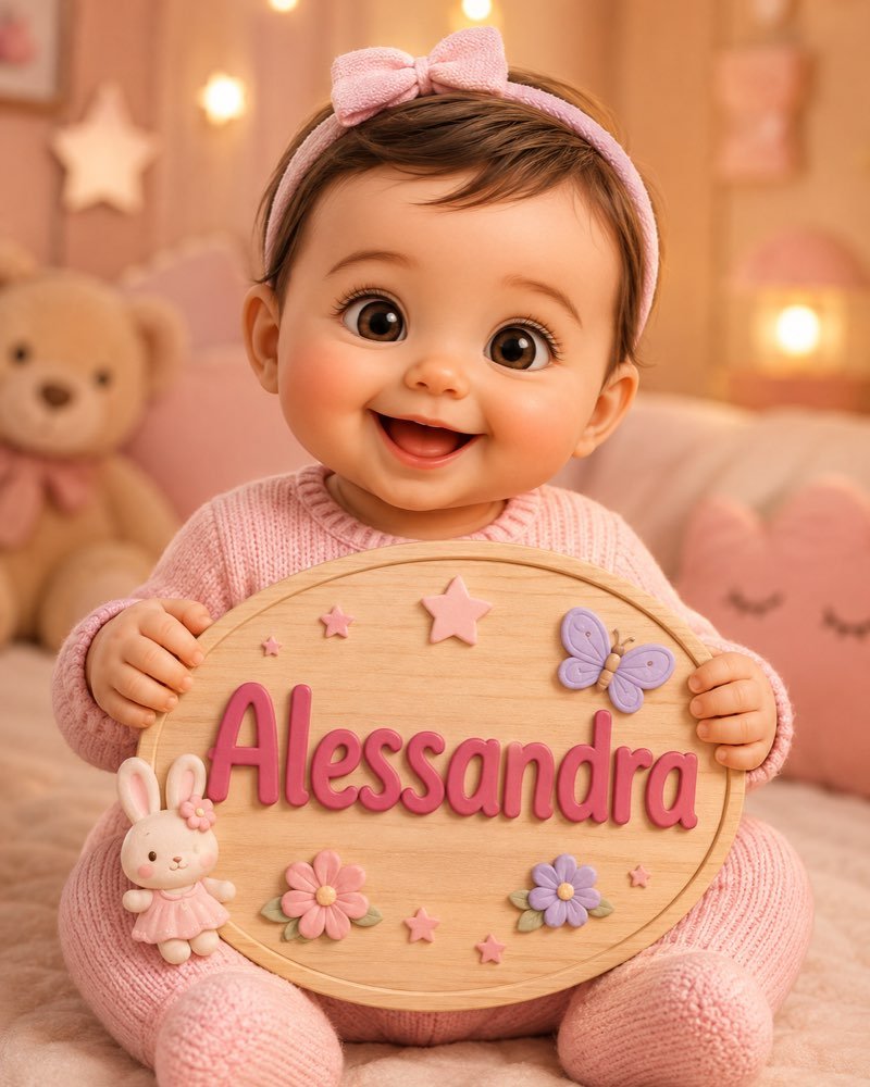 Ilustração de bebê segurando plaquinha com o nome Alessandra