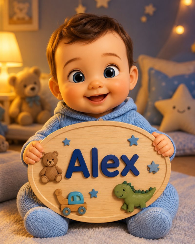 Ilustração de bebê segurando plaquinha com o nome Alex