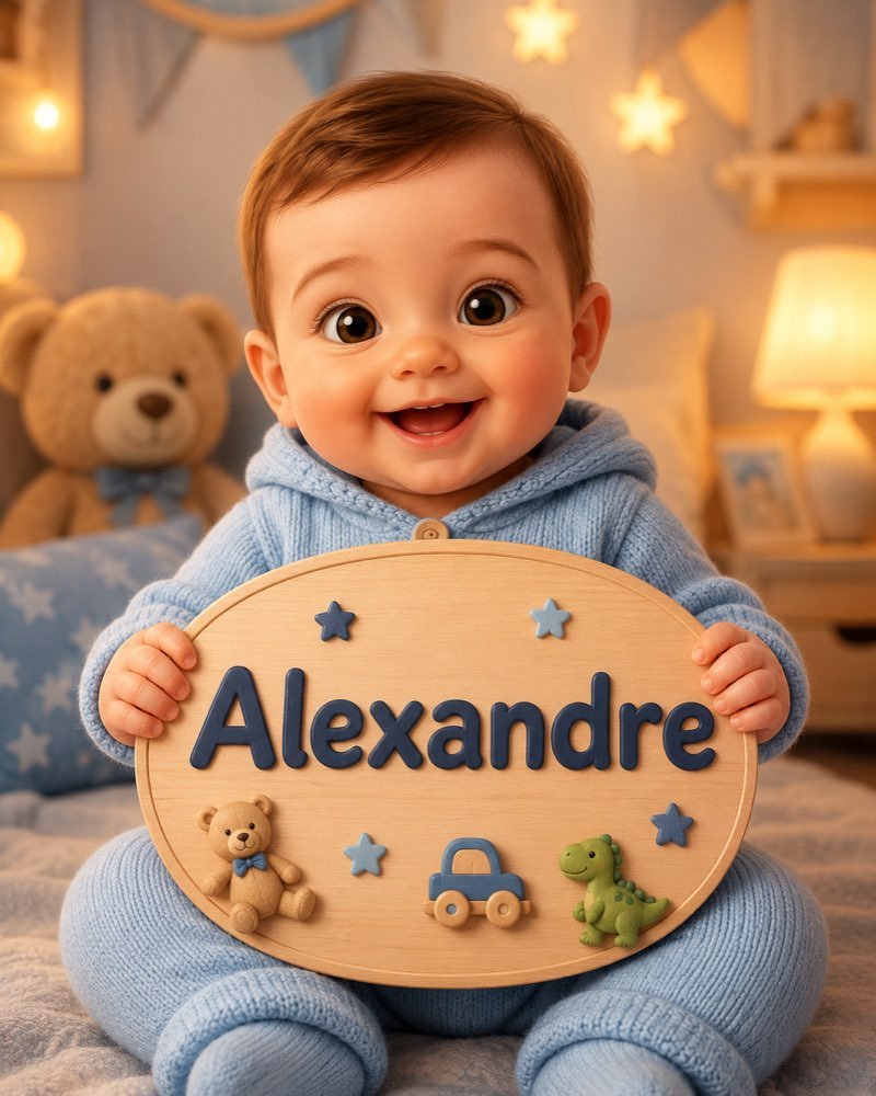 Ilustração de bebê segurando plaquinha com o nome Alexandre
