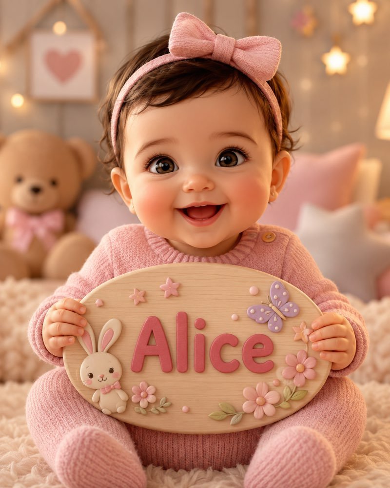 Ilustração de bebê segurando plaquinha com o nome Alice