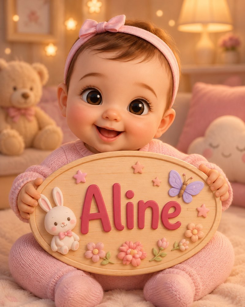 Ilustração de bebê segurando plaquinha com o nome Aline
