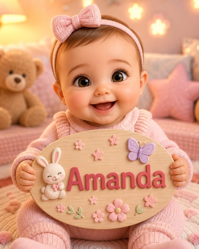 Ilustração de bebê segurando plaquinha com o nome Amanda