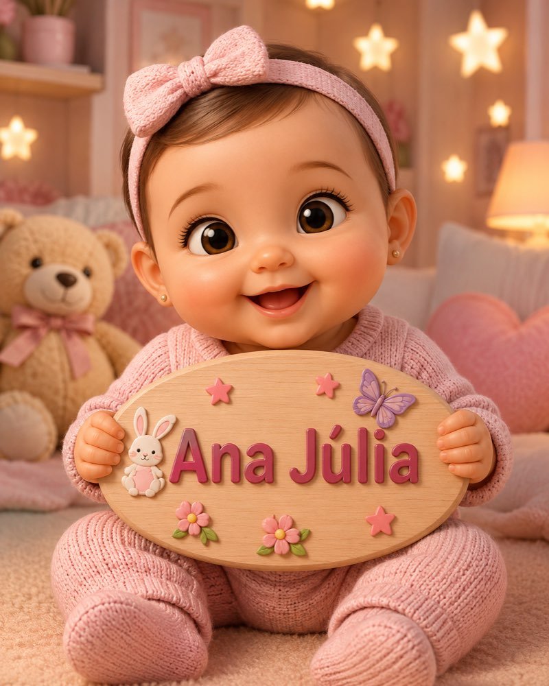 Ilustração de bebê segurando plaquinha com o nome Ana Júlia
