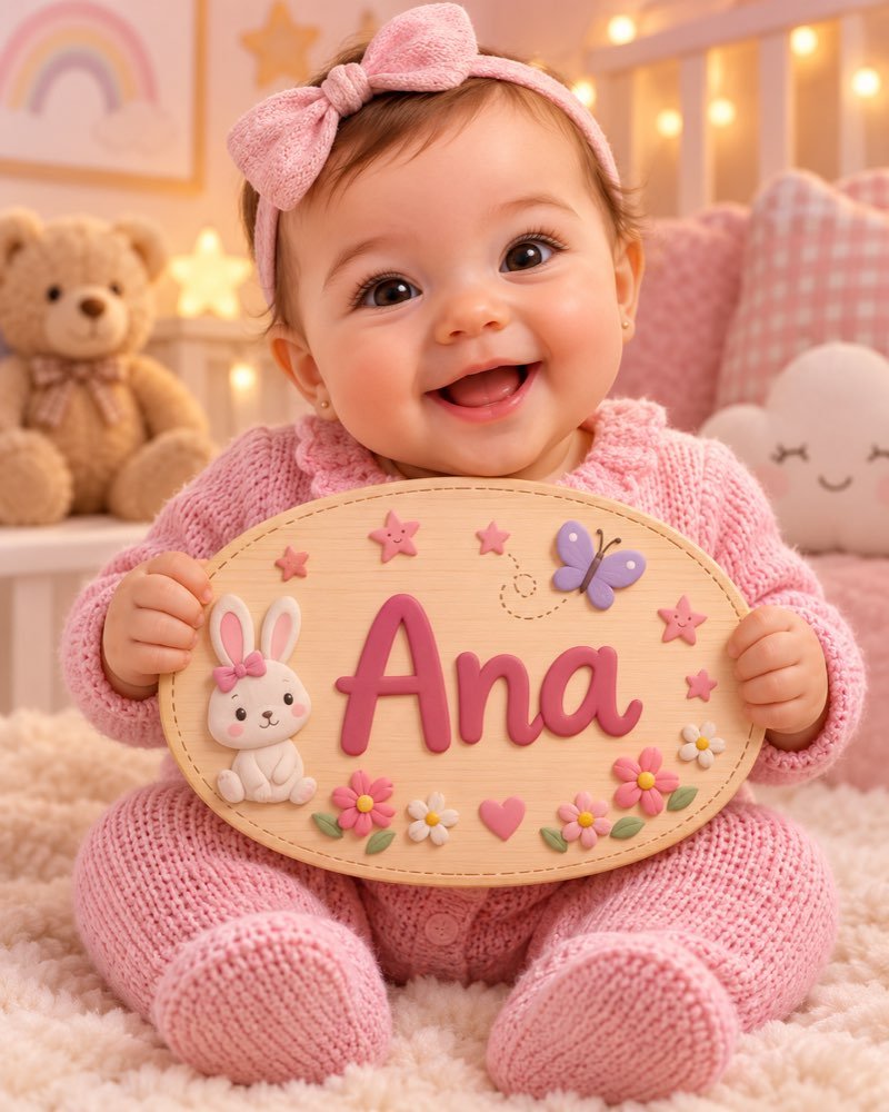 Ilustração de bebê segurando plaquinha com o nome Ana