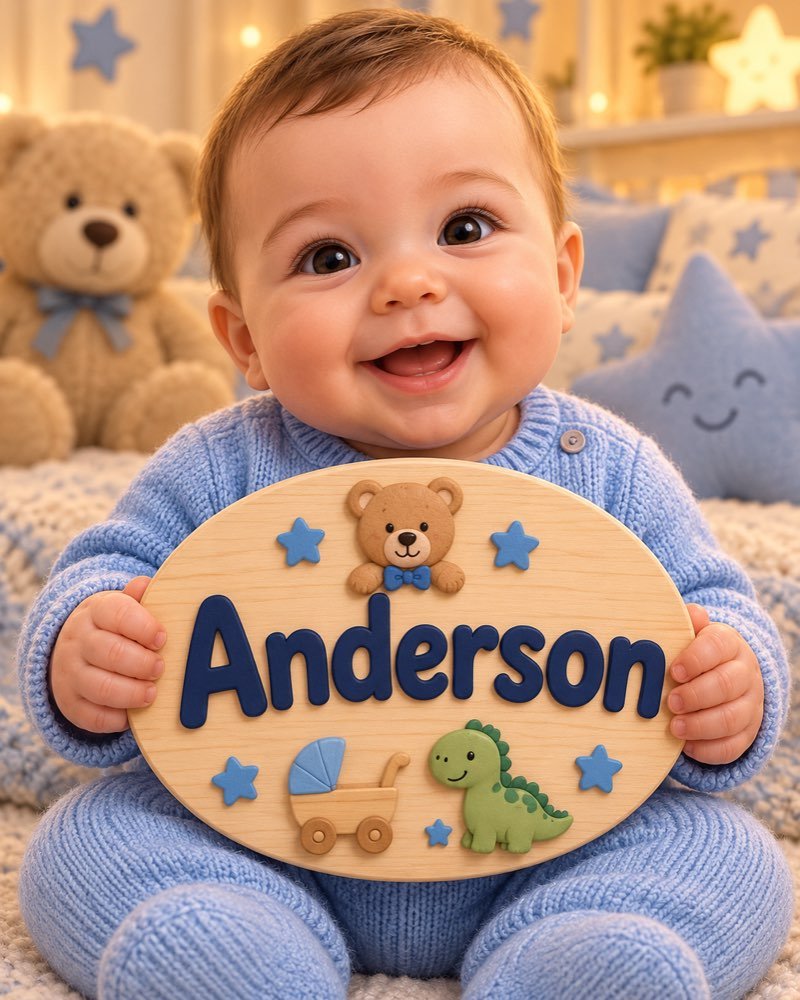Ilustração de bebê segurando plaquinha com o nome Anderson