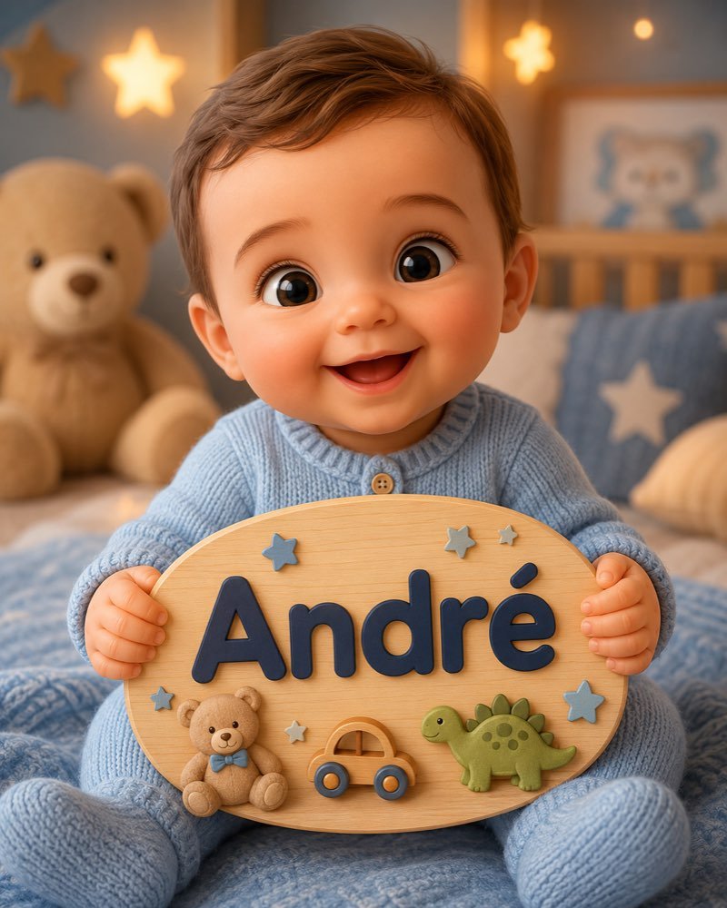 Ilustração de bebê segurando plaquinha com o nome André