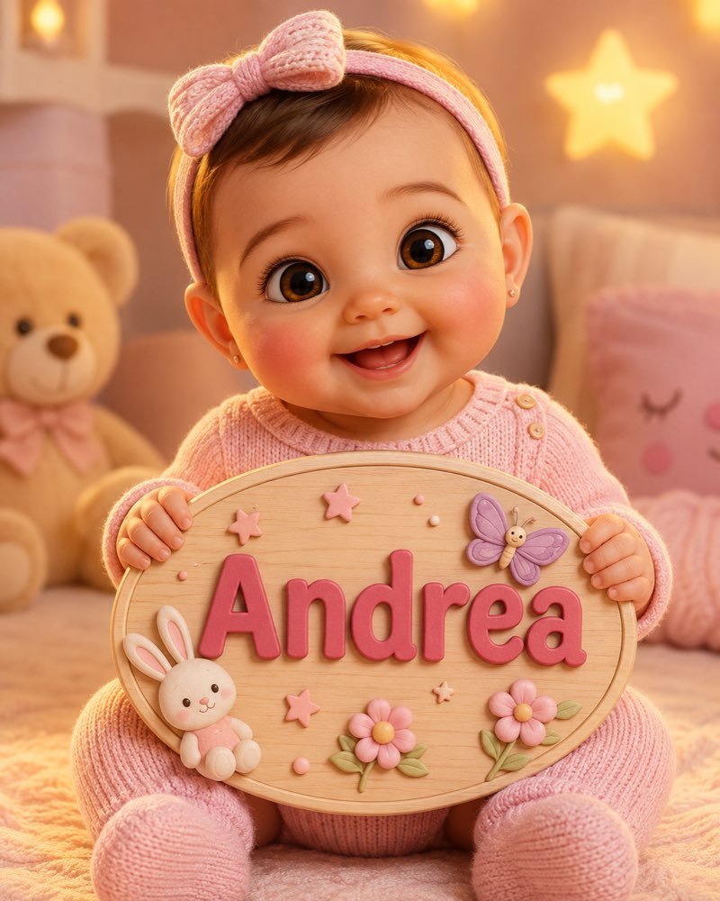 Ilustração de bebê segurando plaquinha com o nome Andrea
