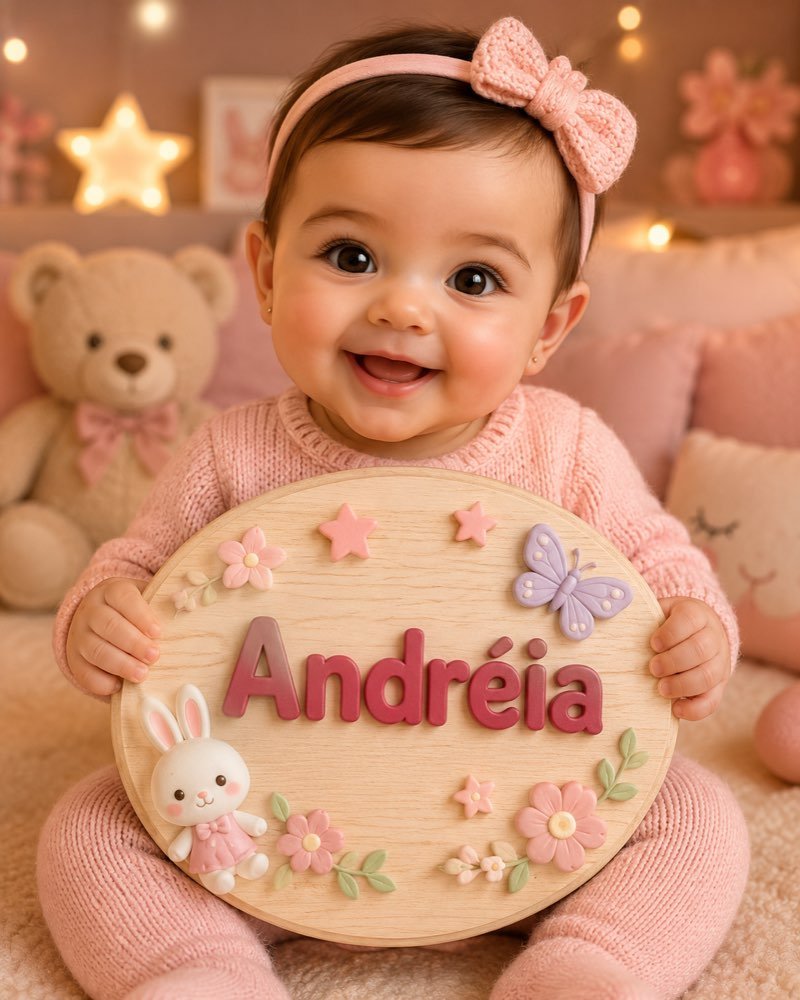 Ilustração de bebê segurando plaquinha com o nome Andréia