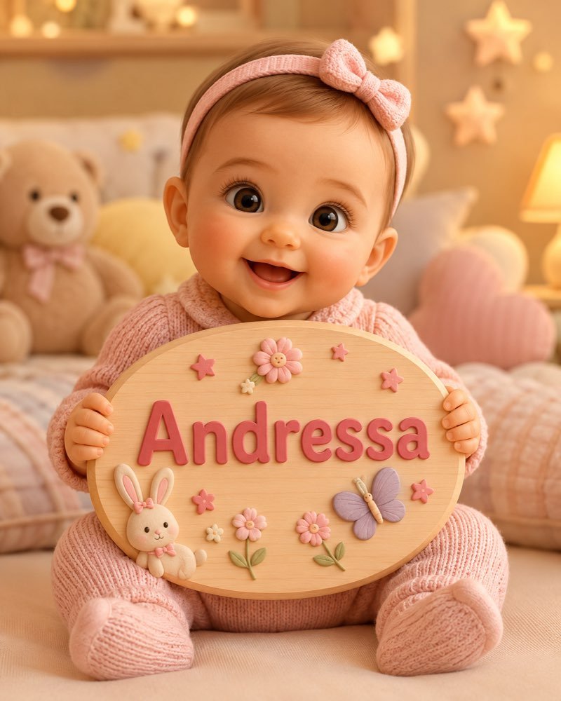 Ilustração de bebê segurando plaquinha com o nome Andressa