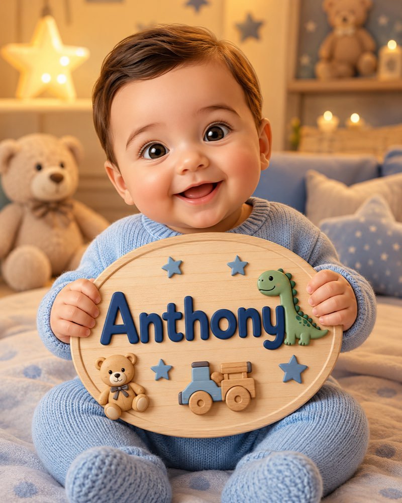 Ilustração de bebê segurando plaquinha com o nome Anthony