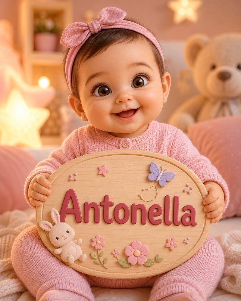 Ilustração de bebê segurando plaquinha com o nome Antonella