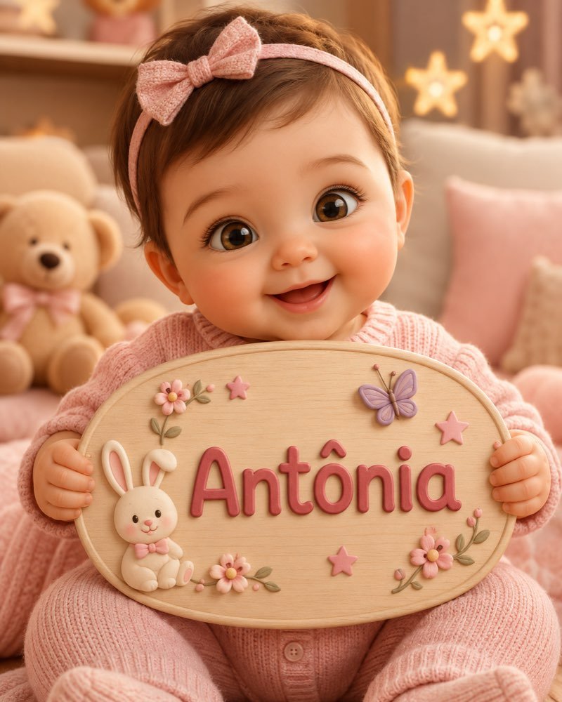 Ilustração de bebê segurando plaquinha com o nome Antônia