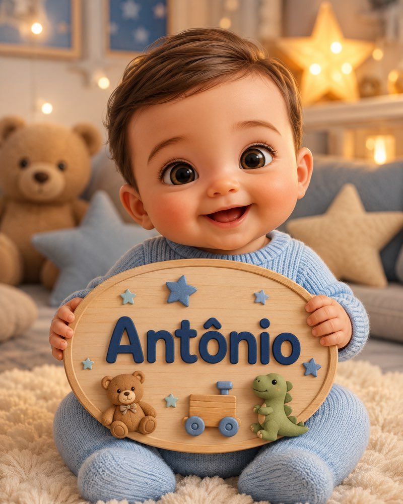 Ilustração de bebê segurando plaquinha com o nome Antônio