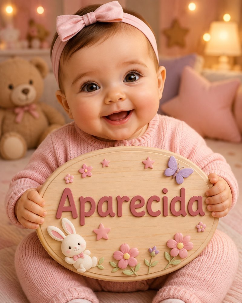 Ilustração de bebê segurando plaquinha com o nome Aparecida