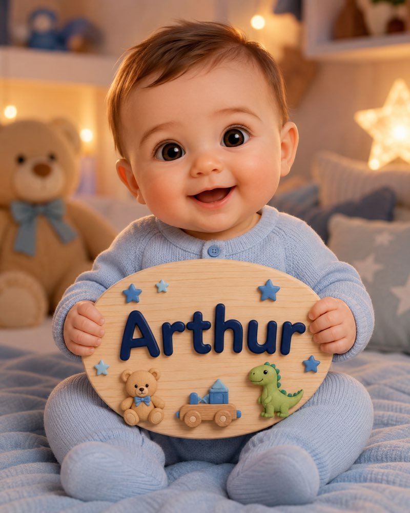 Ilustração de bebê segurando plaquinha com o nome Arthur