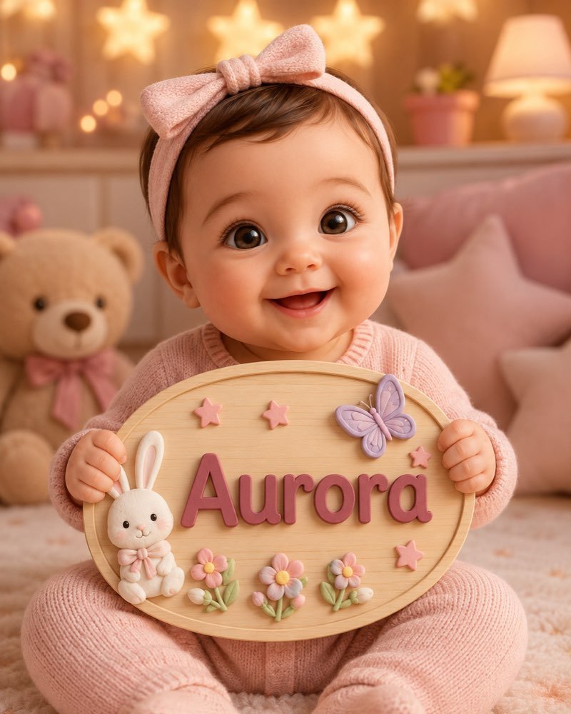 Ilustração de bebê segurando plaquinha com o nome Aurora