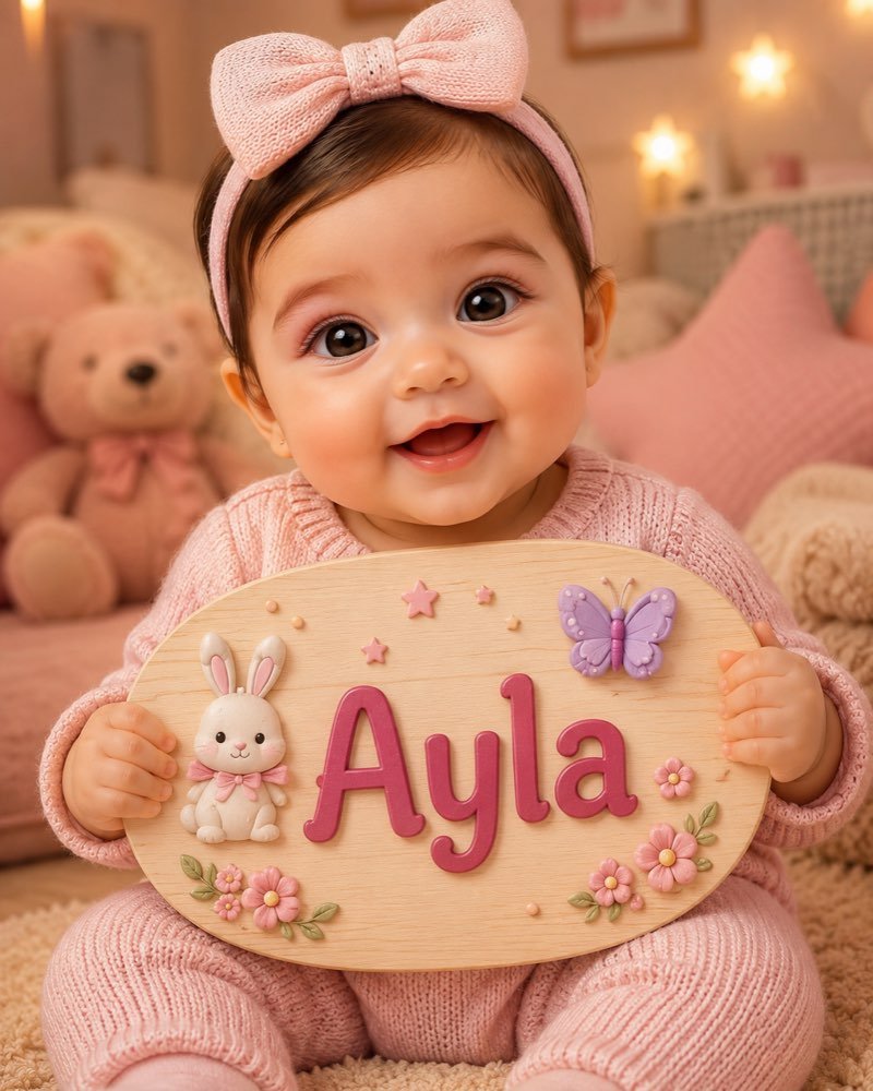 Ilustração de bebê segurando plaquinha com o nome Ayla