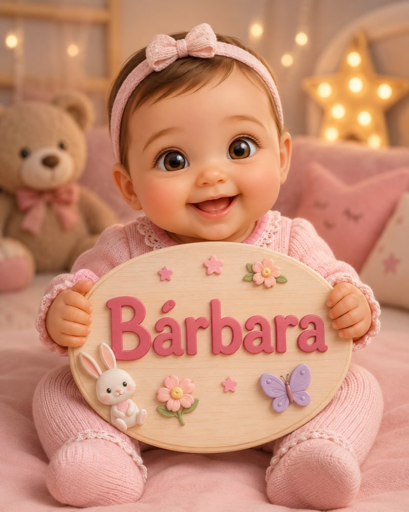 Ilustração de bebê segurando plaquinha com o nome Bárbara