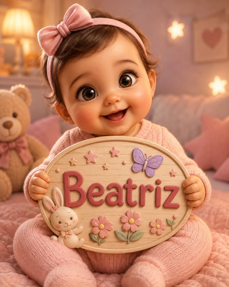 Ilustração de bebê segurando plaquinha com o nome Beatriz