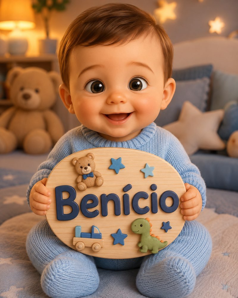 Ilustração de bebê segurando plaquinha com o nome Benício