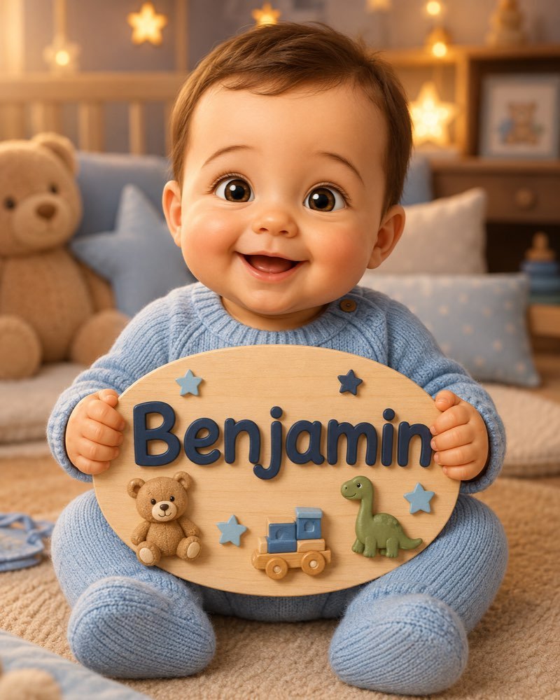 Ilustração de bebê segurando plaquinha com o nome Benjamin
