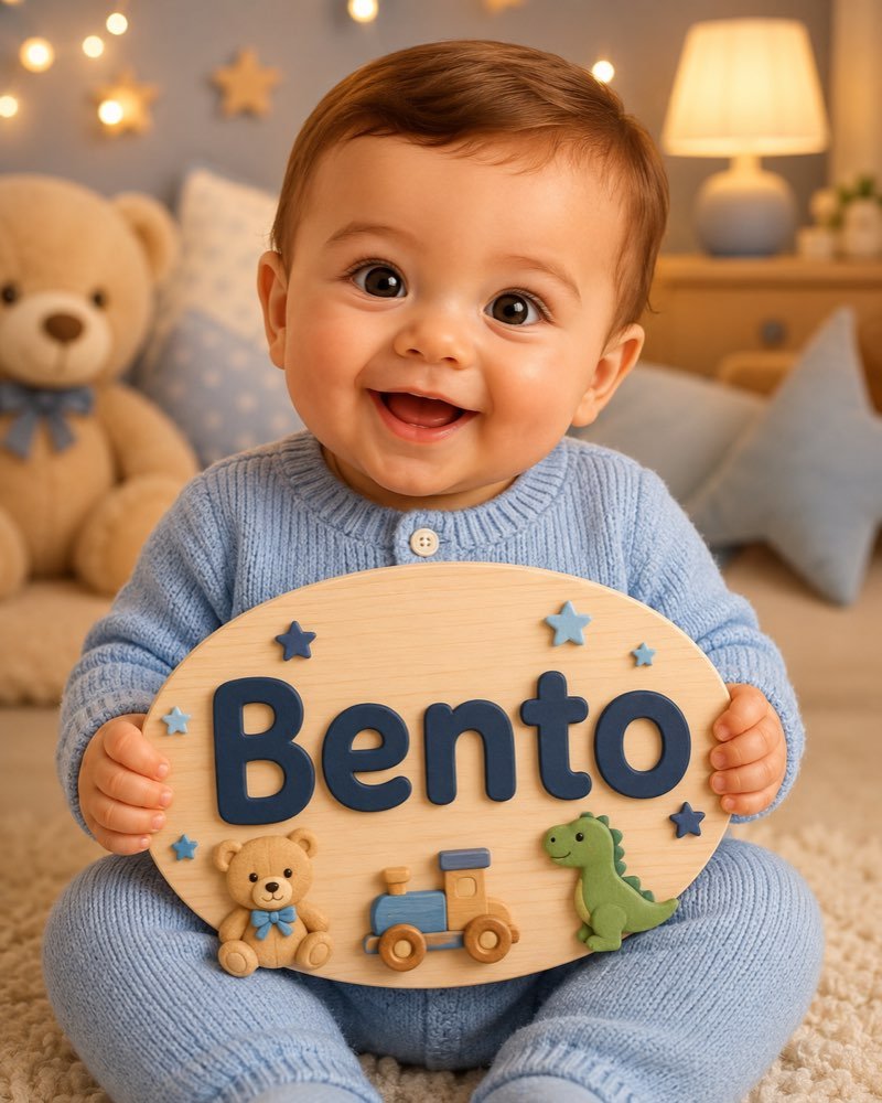 Ilustração de bebê segurando plaquinha com o nome Bento