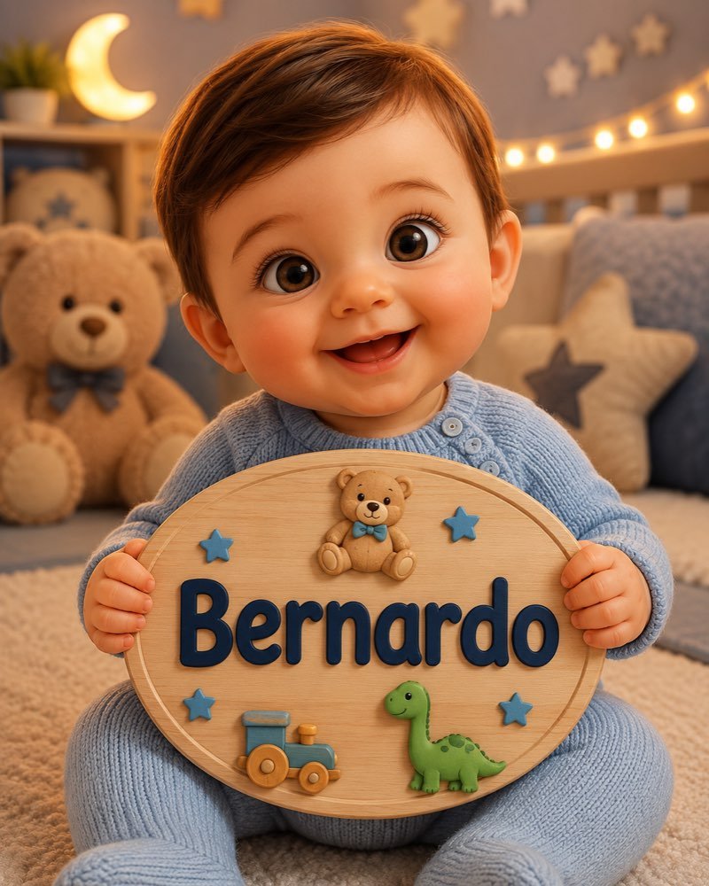 Ilustração de bebê segurando plaquinha com o nome Bernardo