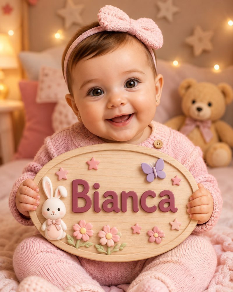 Ilustração de bebê segurando plaquinha com o nome Bianca