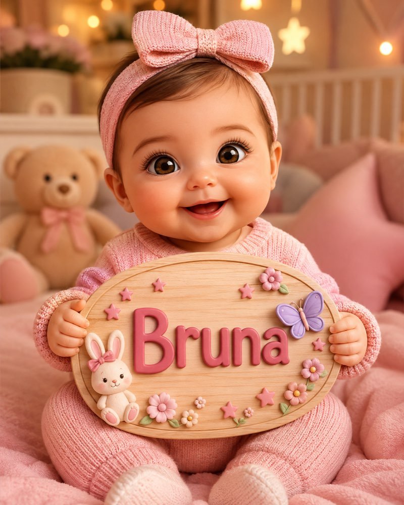 Ilustração de bebê segurando plaquinha com o nome Bruna