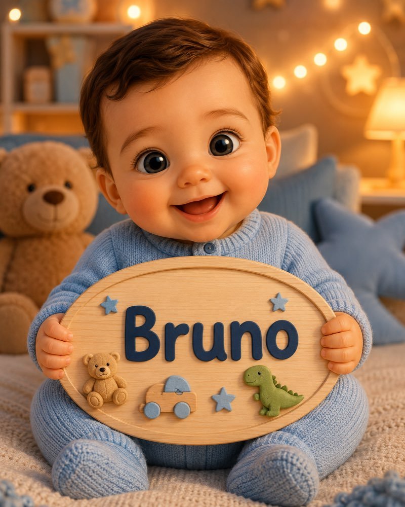 Ilustração de bebê segurando plaquinha com o nome Bruno