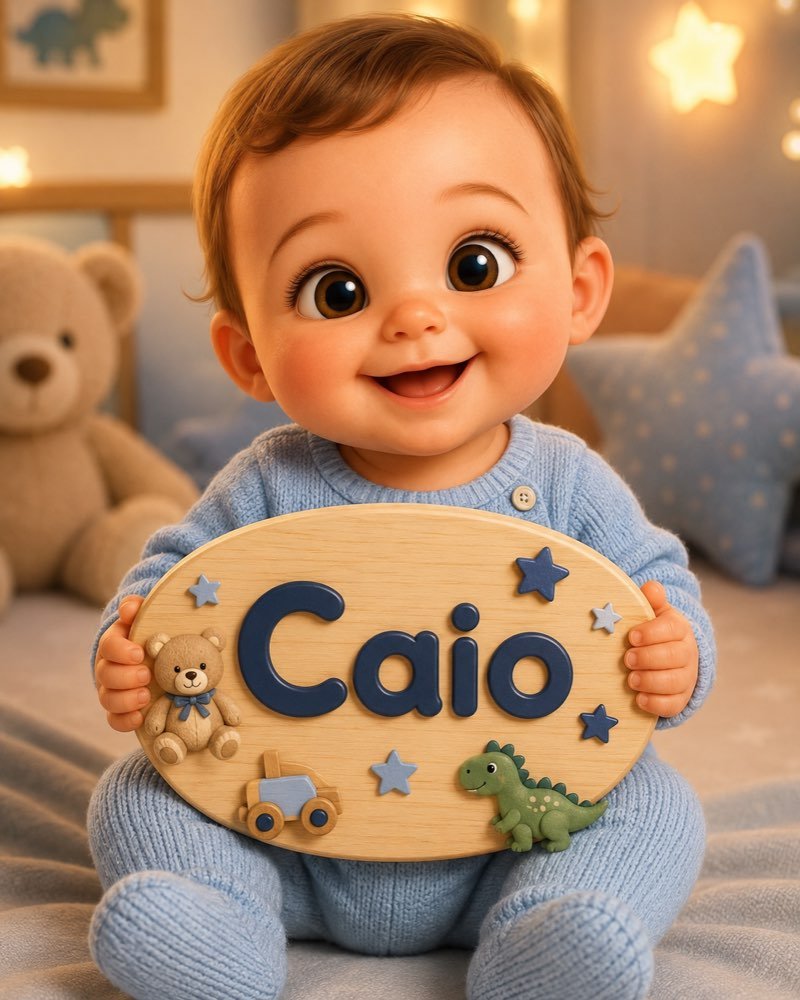 Ilustração de bebê segurando plaquinha com o nome Caio