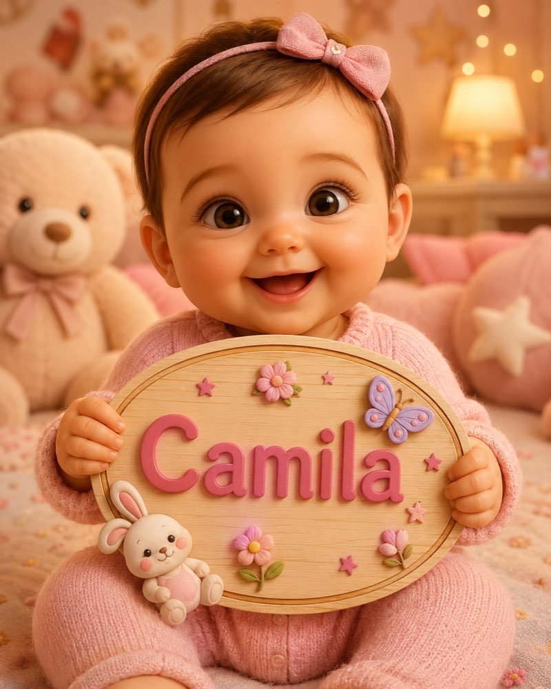 Ilustração de bebê segurando plaquinha com o nome Camila