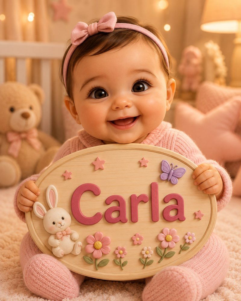 Ilustração de bebê segurando plaquinha com o nome Carla