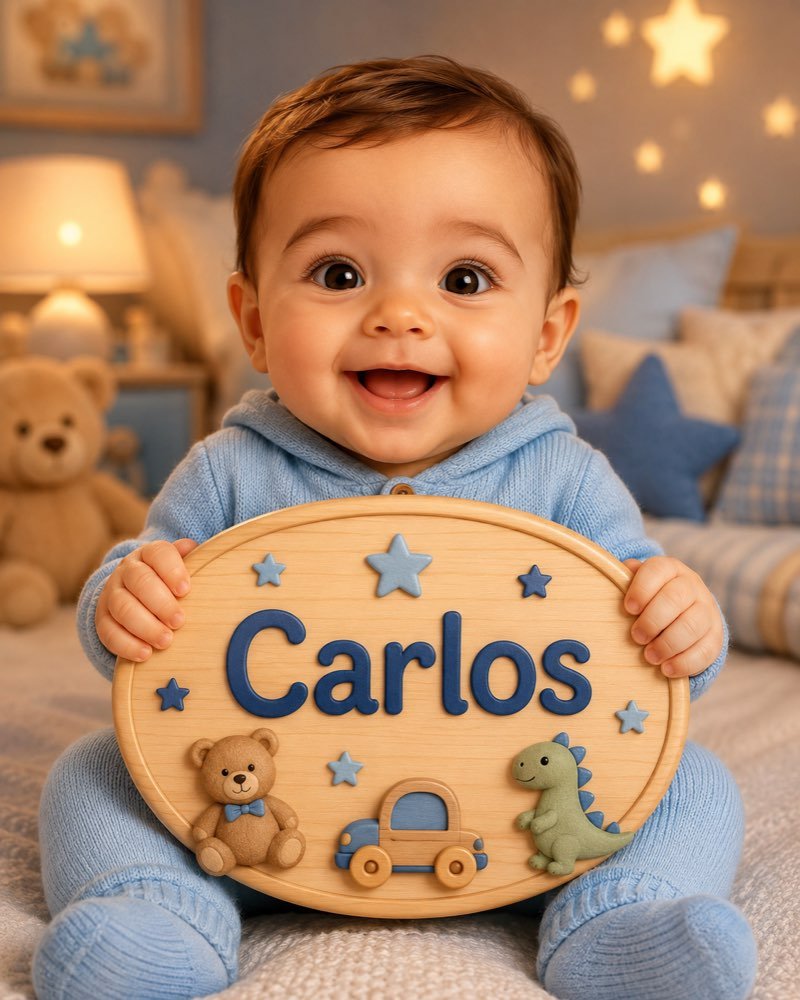 Ilustração de bebê segurando plaquinha com o nome Carlos