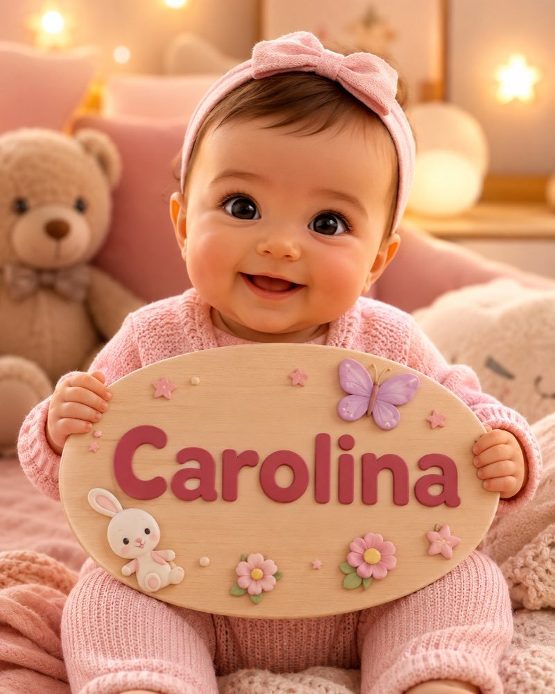 Ilustração de bebê segurando plaquinha com o nome Carolina