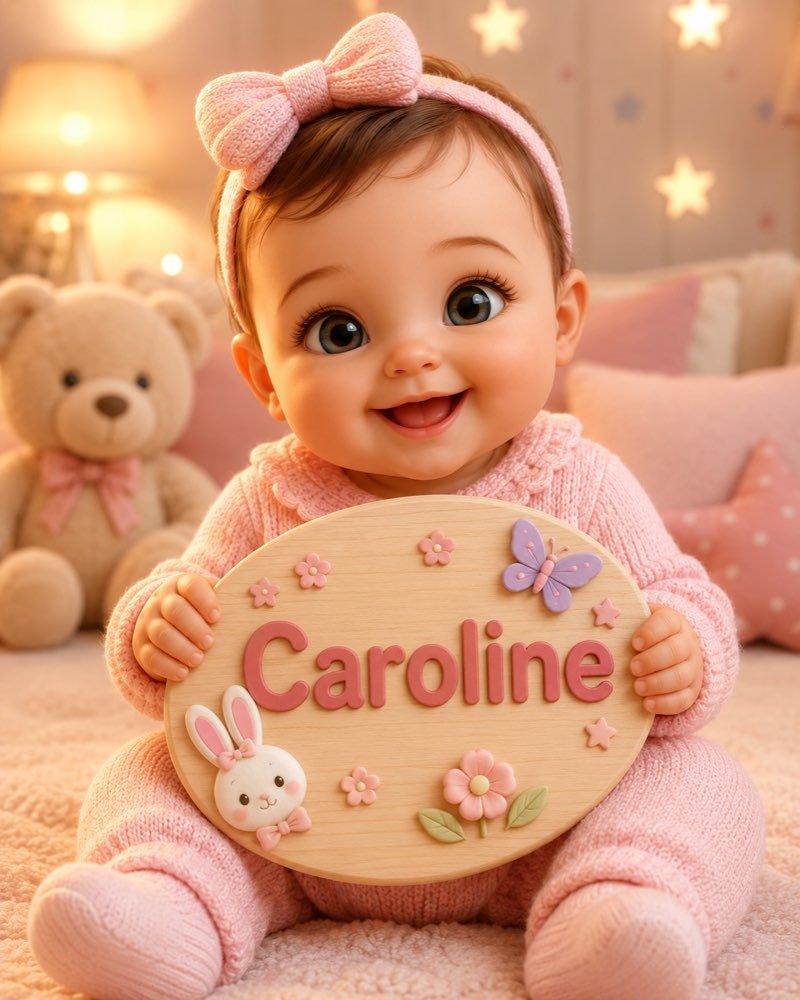Ilustração de bebê segurando plaquinha com o nome Caroline