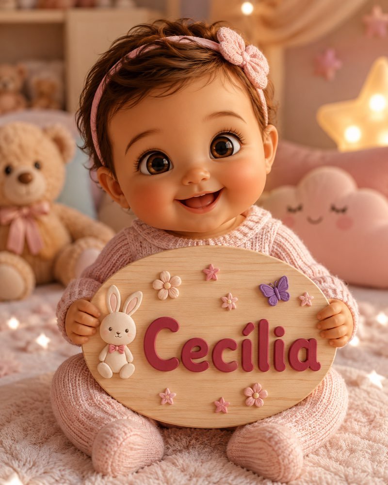 Ilustração de bebê segurando plaquinha com o nome Cecília