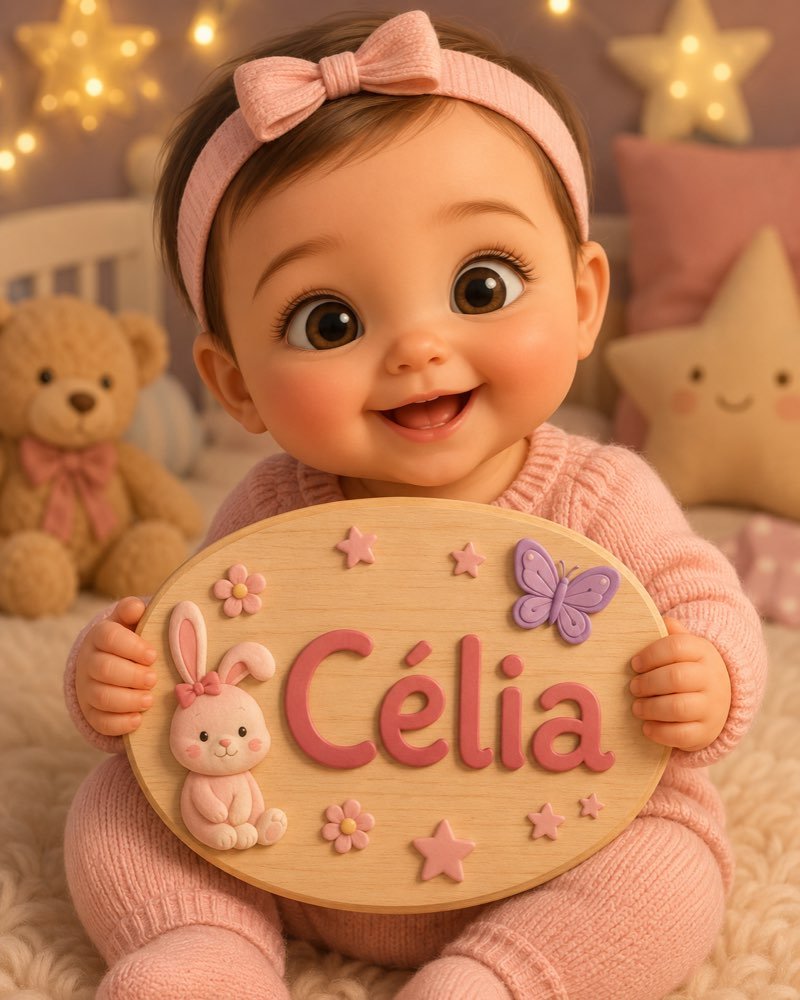 Ilustração de bebê segurando plaquinha com o nome Célia