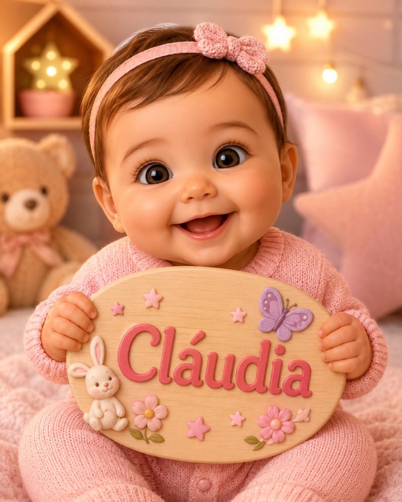 Ilustração de bebê segurando plaquinha com o nome Cláudia