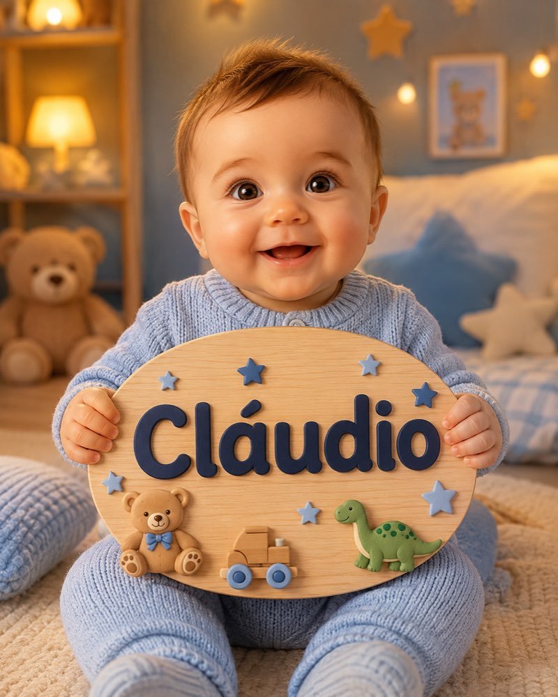 Ilustração de bebê segurando plaquinha com o nome Cláudio