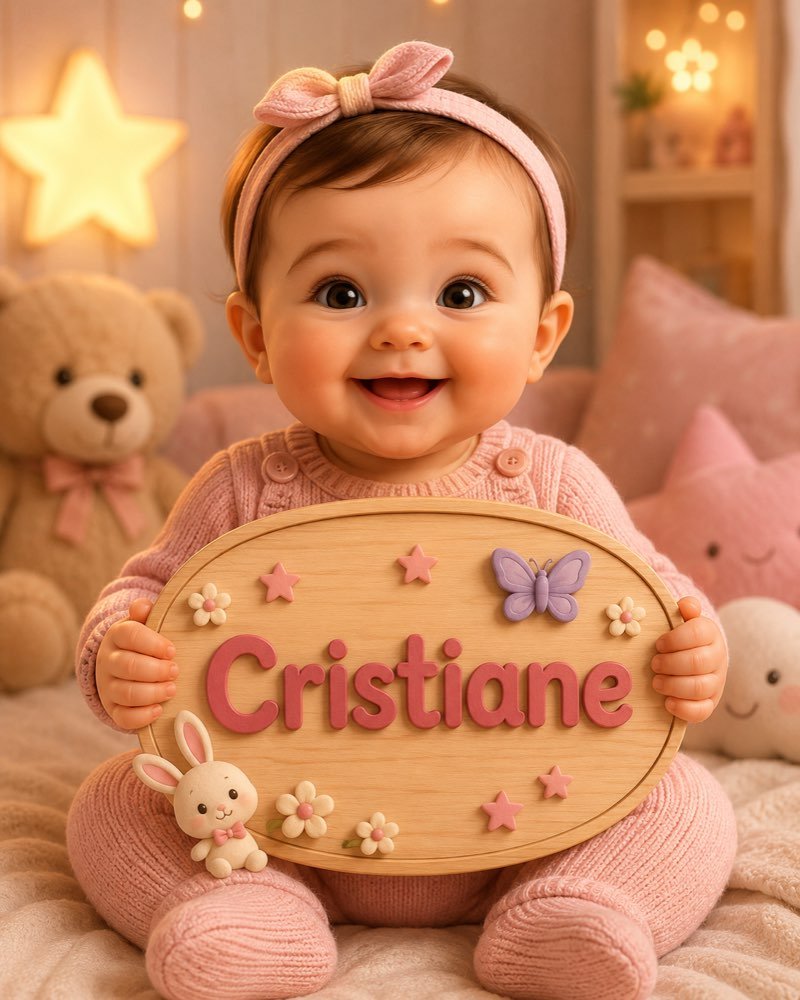 Ilustração de bebê segurando plaquinha com o nome Cristiane