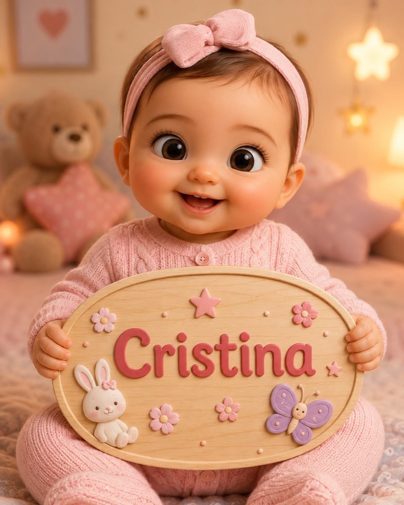 Ilustração de bebê segurando plaquinha com o nome Cristina
