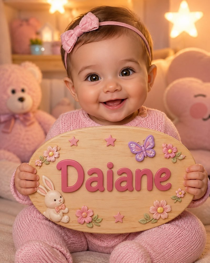 Ilustração de bebê segurando plaquinha com o nome Daiane