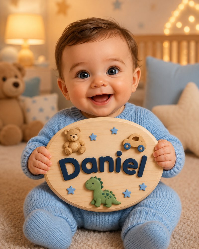 Ilustração de bebê segurando plaquinha com o nome Daniel